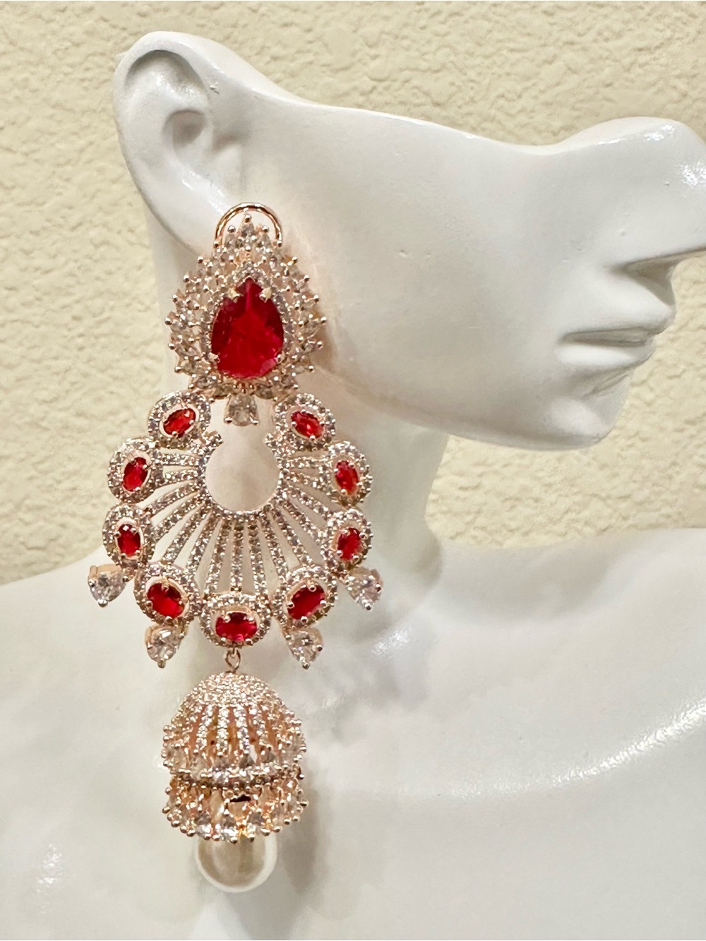4” Rose Gold Plated CZ & Red Crystal Jhumka Style Earrings - High-End